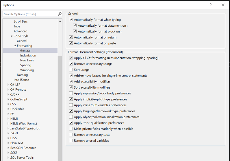 visual studio format document settings